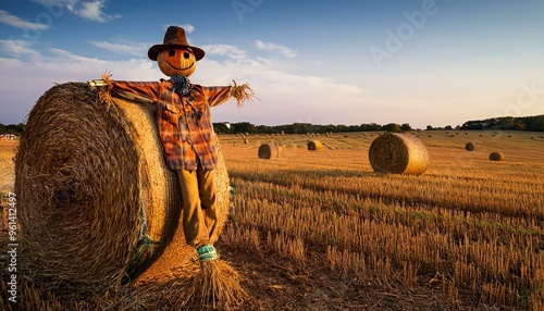 A scarecrow and hay bales in a farm field photo