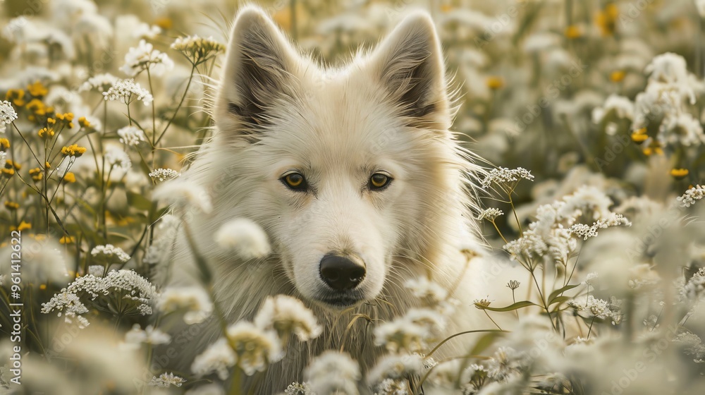 Naklejka premium A tight shot of a dog amongst a sea of yellow and white wildflowers