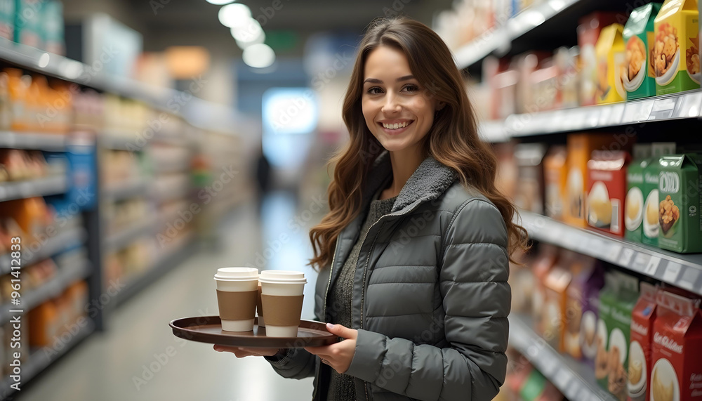 Woman Holding Coffee in a Grocery Store Woman Holding Coffee in a Grocery Store