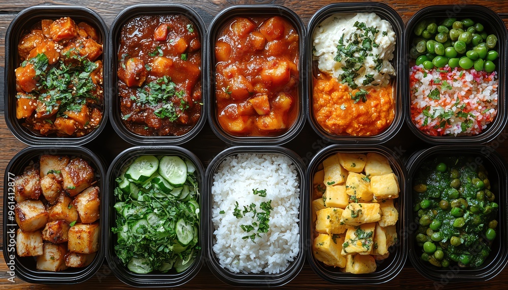 An overhead view of diverse, colorful meal boxes, arranged neatly on a wooden table An overhead view of diverse, colorful meal boxes, arranged neatly on a wooden table