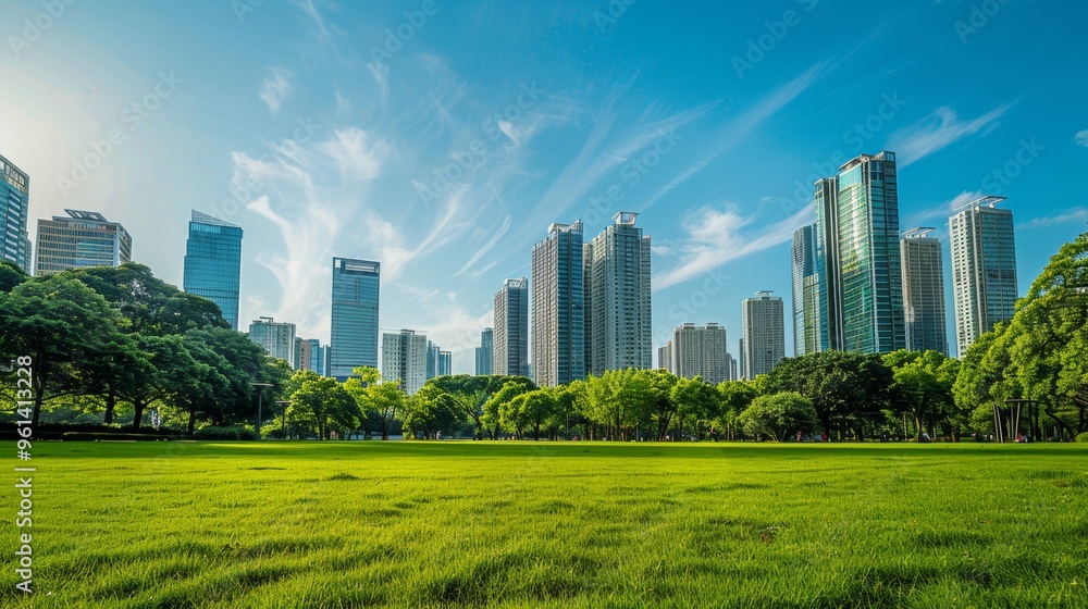 A vibrant city skyline juxtaposed with lush greenery under a bright blue sky. A vibrant city skyline juxtaposed with lush greenery under a bright blue sky.