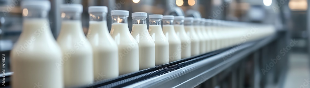 Bottled dairy products on a conveyor in a modern factory, sleek and sterile environment Bottled dairy products on a conveyor in a modern factory, sleek and sterile environment
