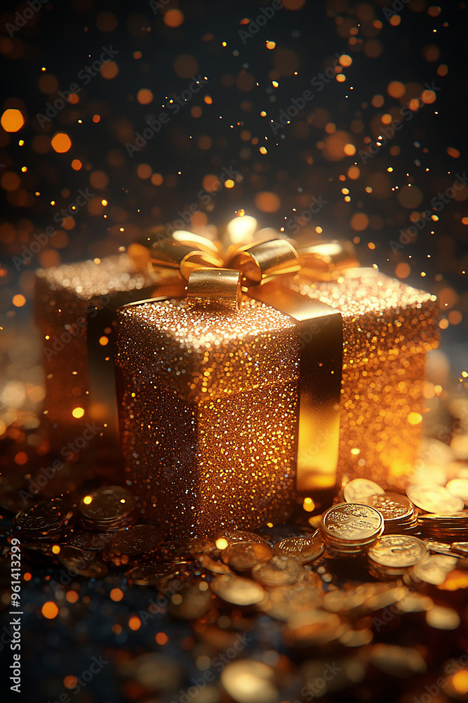 Glowing gift box with gold coins scattered under a warm yellow light, rendered in 3D style for elegant voucher card layouts. Glowing gift box with gold coins scattered under a warm yellow light, rendered in 3D style for elegant voucher card layouts.
