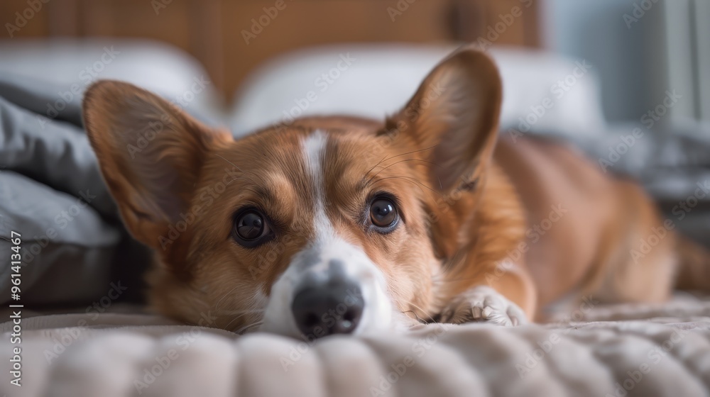 A brown-and-white dog rests atop a bed, near a wooden headboard with a pillow atop it A brown-and-white dog rests atop a bed, near a wooden headboard with a pillow atop it