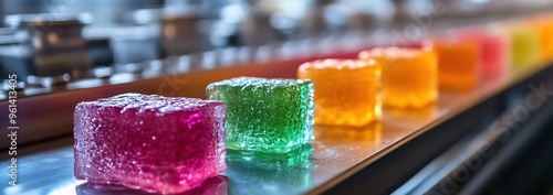 Brightly colored jelly cubes on a conveyor belt, vibrant and eyecatching photo