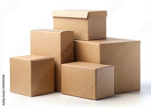 * High-quality images of cardboard boxes varying in size, isolated on a crisp white background with precise clipping