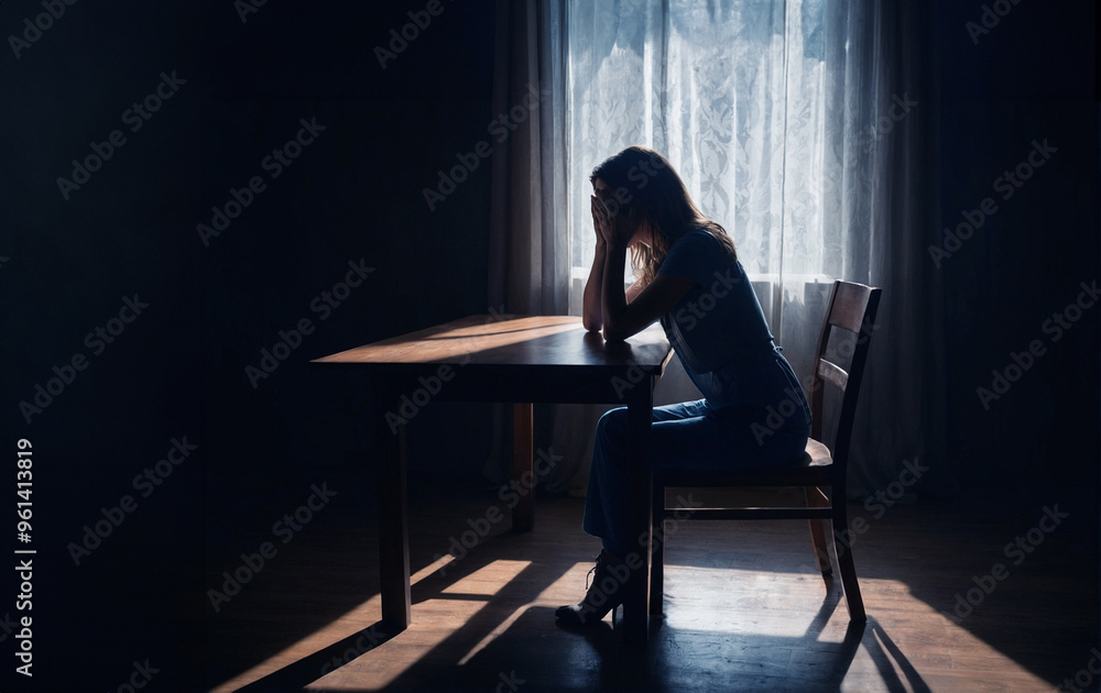 woman sitting at the table with hands covering her face, sadness and solitude concept, photo realistic illustration woman sitting at the table with hands covering her face, sadness and solitude concept, photo realistic illustration