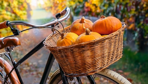 Close-up of a vintage bicycle with a basket full of pumpkins photo