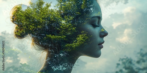 A serene double exposure image showcasing a woman's profile intertwined with a lush green forest, symbolizing business sustainability and environmental care. photo