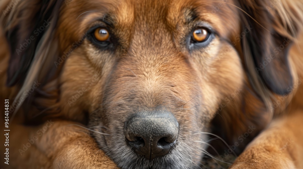 A tight shot of a dog's face as it rests its chin on paws placed beneath A tight shot of a dog's face as it rests its chin on paws placed beneath