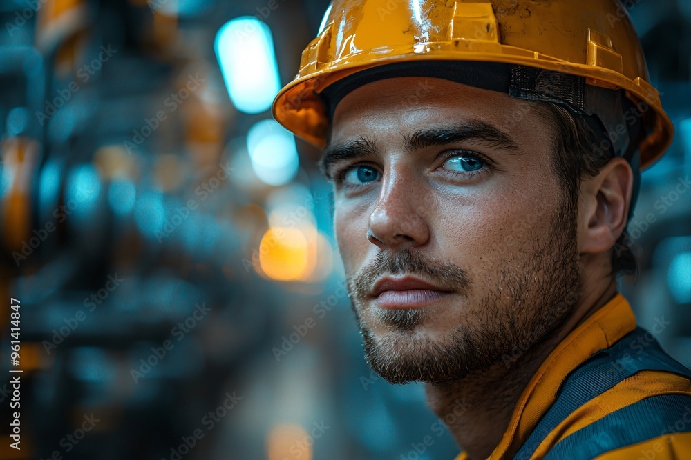 Portrait of a maintenance engineer in a hard hat at a factory station, ideal for business promotions or safety campaigns in the construction industry with copy space. Portrait of a maintenance engineer in a hard hat at a factory station, ideal for business promotions or safety campaigns in the construction industry with copy space.