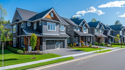 A row of modern homes with manicured lawns under a clear blue sky.