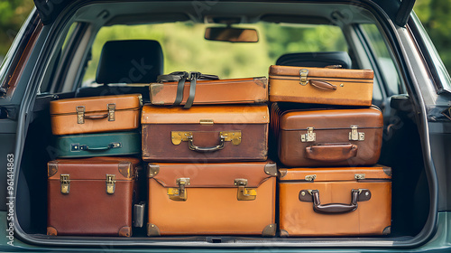 group of suitcases in various sizes, stacked together in the trunk of a car, ready for a road trip