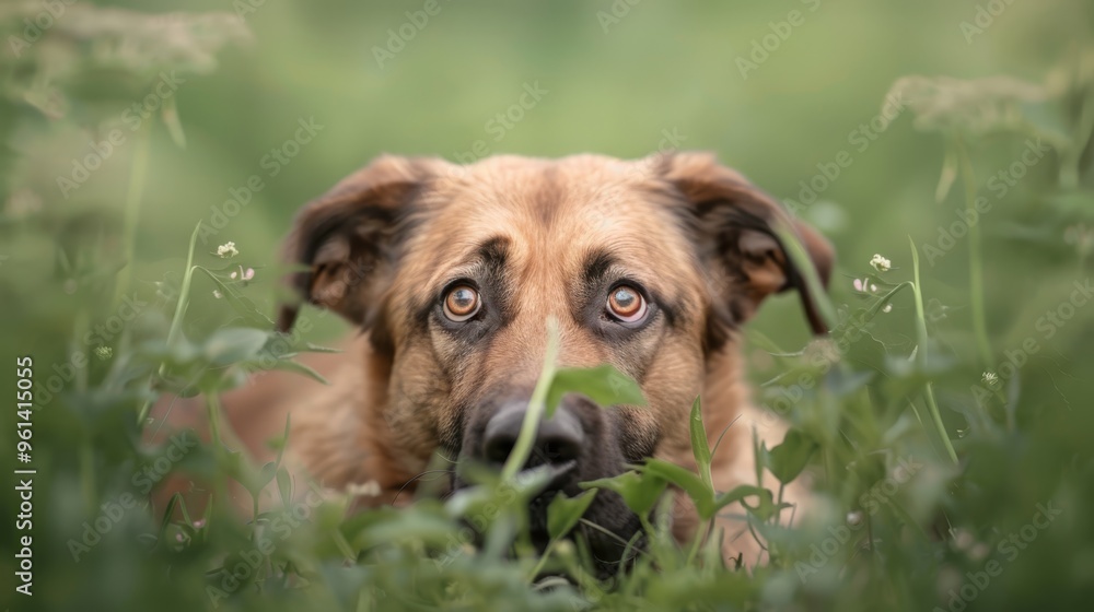 A sad-looking dog in close-up, gazing at the camera from the grass A sad-looking dog in close-up, gazing at the camera from the grass
