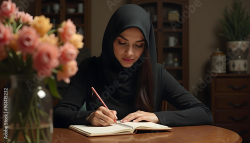 Woman in Hijab Writing in a Notebook at a Table