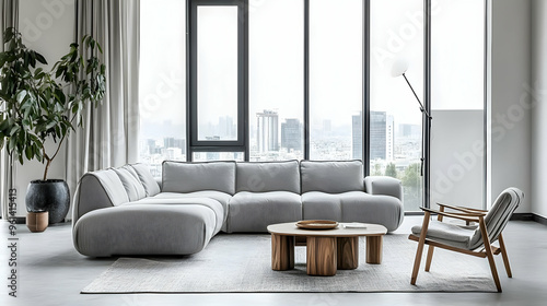 Wallpaper Mural Modern living room with a sectional sofa, coffee table, and large windows showcasing a city view. Torontodigital.ca