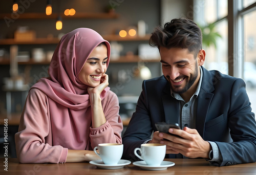 Couple Laughing at a Smartphone in a Cafe