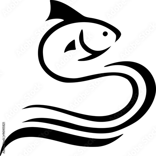a fish with a long tail in the letter s in the black logo