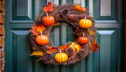 Close-up of an autumn wreath hanging on a door photo