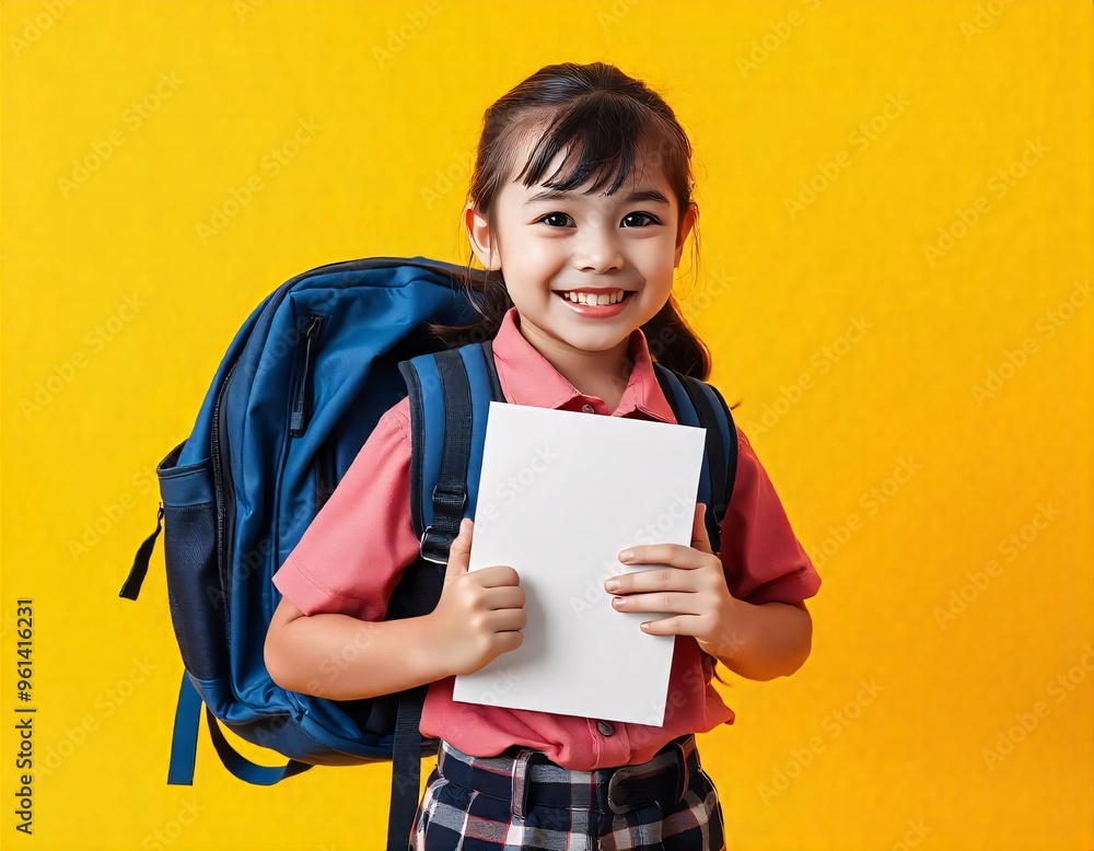 asian girl holding a blank paper with a backpack asian girl holding a blank paper with a backpack