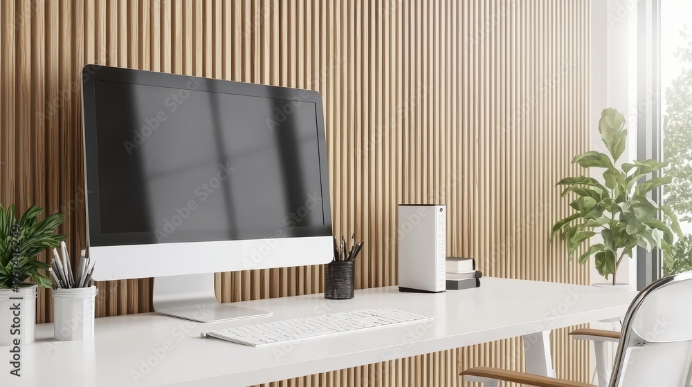Fototapeta premium Modern Home Office Workspace with Computer Keyboard and Minimalist Decor