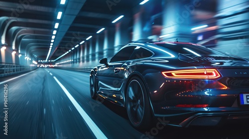 A sleek car speeding through a brightly lit tunnel, showcasing motion and modern design.