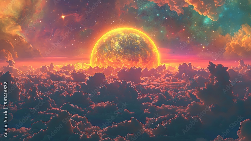 A glowing planet rises above a cloudscape, surrounded by stars in a serene night sky. A glowing planet rises above a cloudscape, surrounded by stars in a serene night sky.