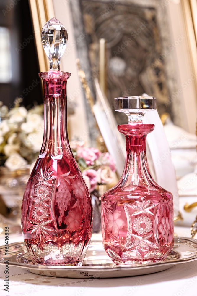 Crystal DECANTER With Cranberry Overlay NACHTMANN Traube. Mid century thick crystal decanter with gold ruby overlay and cut-to-clear grapes decor. Ideal for whiskey, cognac or any other solid drink.