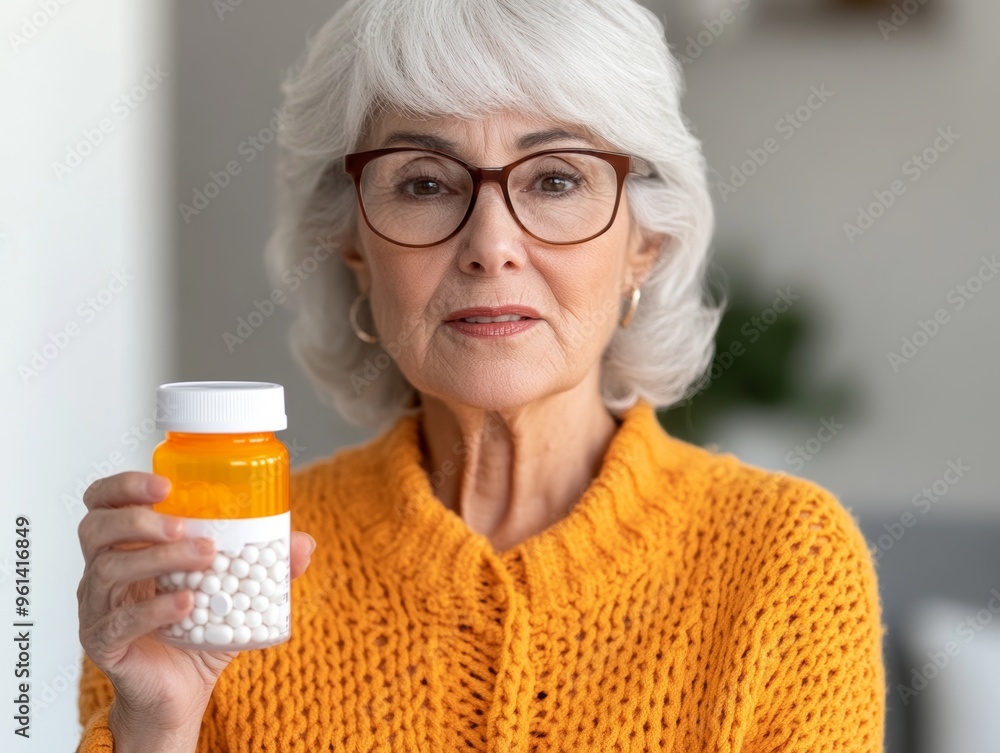 An elderly woman in a cozy sweater holds a prescription bottle, showcasing the importance of medication management. An elderly woman in a cozy sweater holds a prescription bottle, showcasing the importance of medication management.