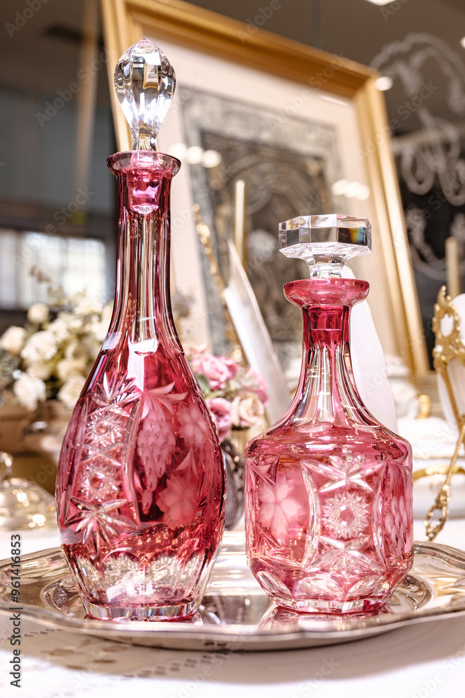 Crystal DECANTER With Cranberry Overlay NACHTMANN Traube. Mid century thick crystal decanter with gold ruby overlay and cut-to-clear grapes decor. Ideal for whiskey, cognac or any other solid drink.