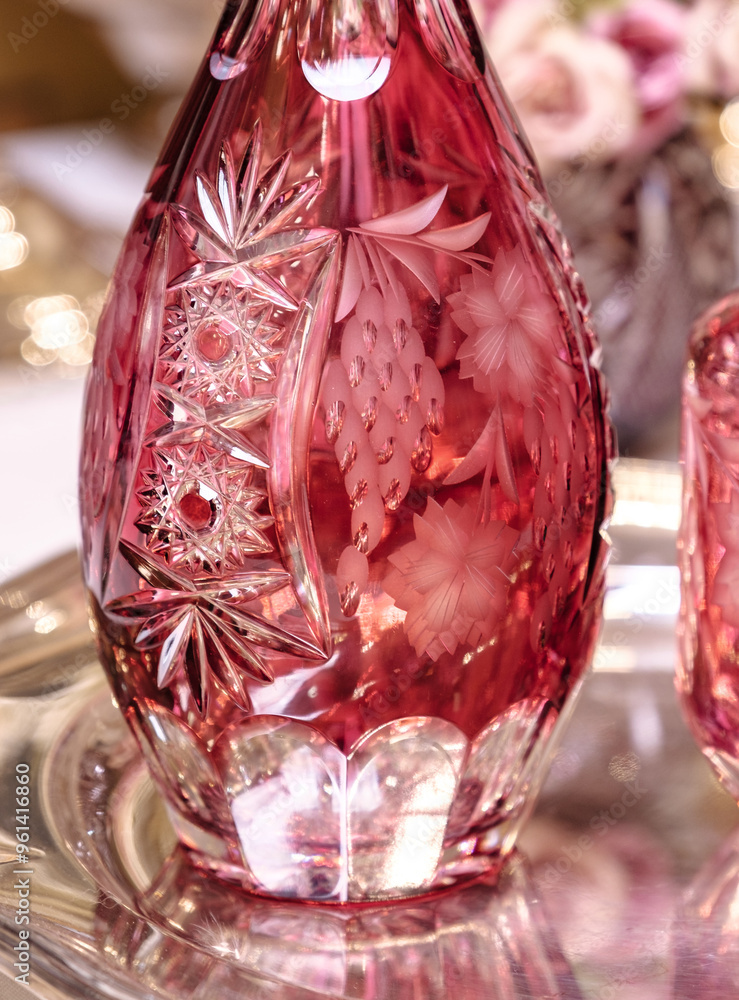 Crystal DECANTER With Cranberry Overlay NACHTMANN Traube. Mid century thick crystal decanter with gold ruby overlay and cut-to-clear grapes decor. Ideal for whiskey, cognac or any other solid drink.
