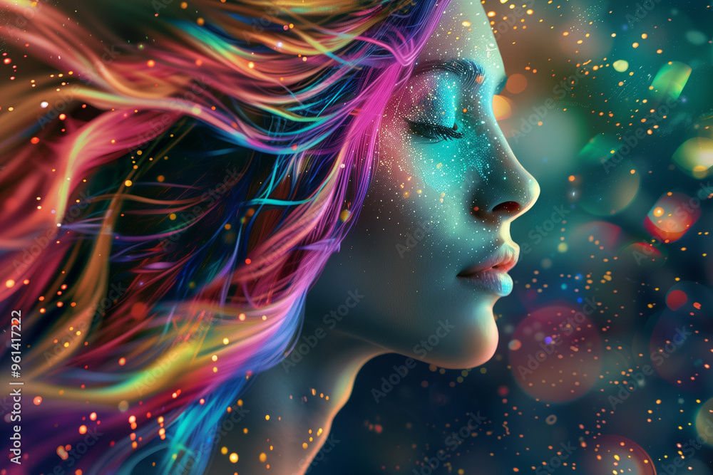Dreamy portrait of a woman with flowing vibrant hair blending into the cosmos, representing imagination, celestial energy, and cosmic beauty. Dreamy portrait of a woman with flowing vibrant hair blending into the cosmos, representing imagination, celestial energy, and cosmic beauty.