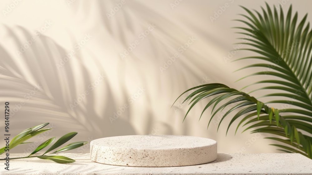 Stone podium with palm leaf on pastel beige background for displaying cosmetic products. Stone podium with palm leaf on pastel beige background for displaying cosmetic products.