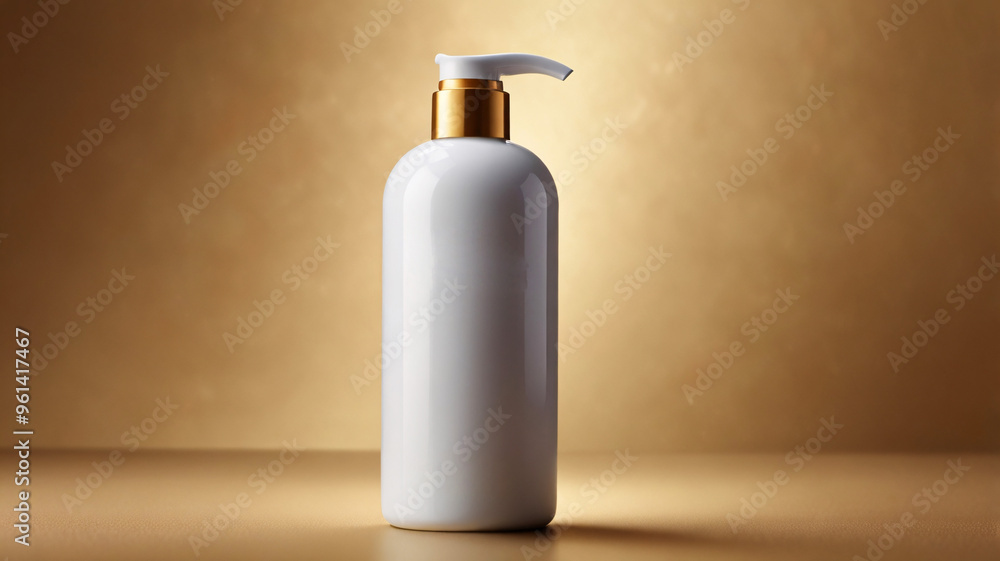A sleek white bottle with a pump lid, set against a golden background, illustrating elegance and refined aesthetics. A sleek white bottle with a pump lid, set against a golden background, illustrating elegance and refined aesthetics.