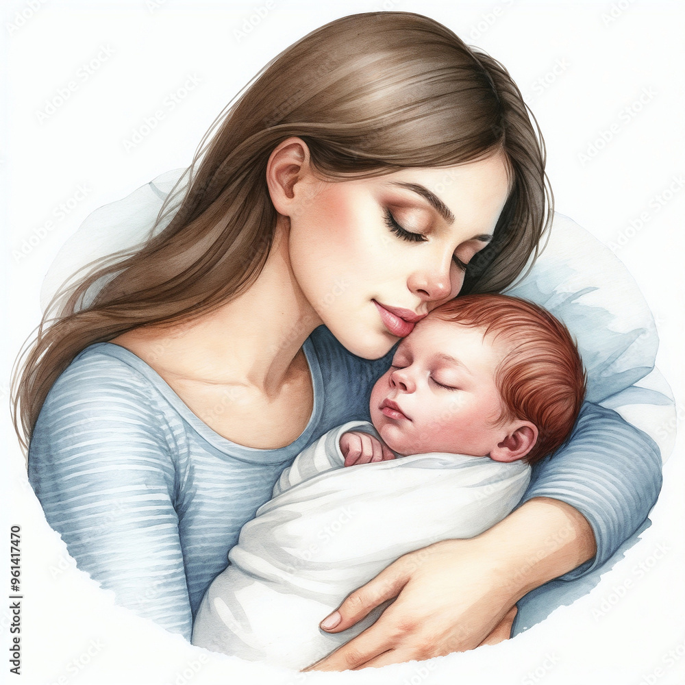 Watercolor mother and baby on white background. AI Watercolor mother and baby on white background. AI