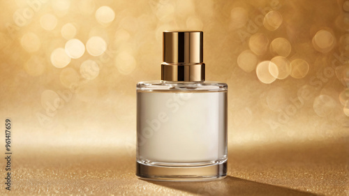 A sleek, elegant perfume bottle with a gold cap against a striking, golden bokeh background, embodying luxury and style.