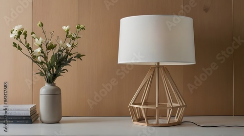 White Flowers in Vase Beside Wooden Table Lamp on a White Tabletop