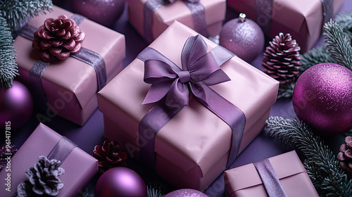 purple gift boxes and christmas balls photo