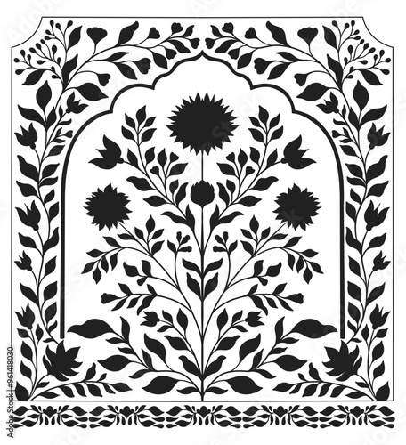 Mughal decorative ornamental floral. Vintage intricate traditional mughal style with flowers and foliage.