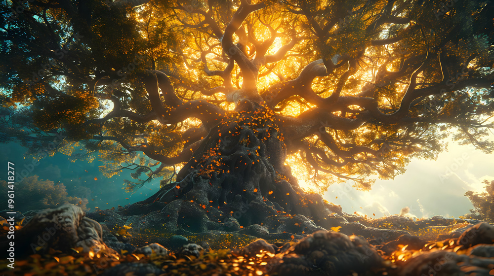 Enchanted Forest - Golden Autumn Tree Illustration Enchanted Forest - Golden Autumn Tree Illustration