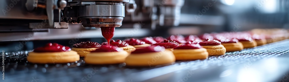 Industrial bakery machines decorating cookies with red icing, closeup in a dimly lit setting Industrial bakery machines decorating cookies with red icing, closeup in a dimly lit setting