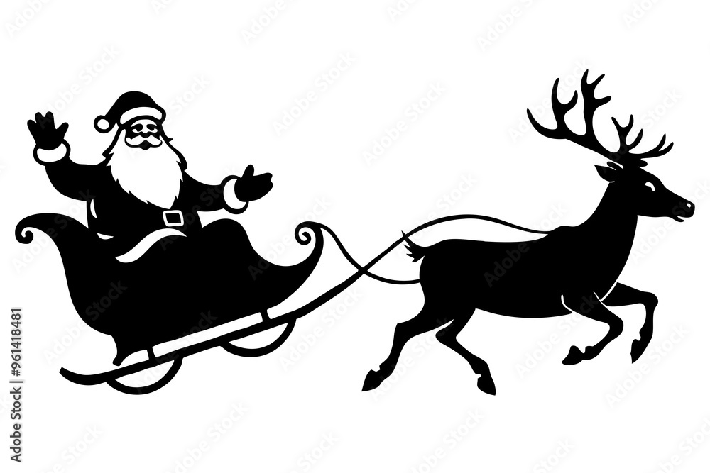 Fototapeta premium Santa Claus flies in a sleigh with reindeer over the city. Christmas silhouette. Template for laser or paper cutting, printing on T-shirts, mugs. Vector illustration.