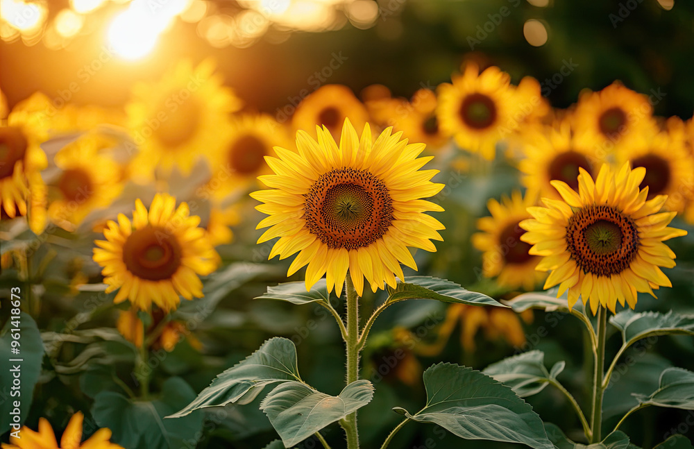 A field of sunflowers basking in the golden sunlight, their petals aglow with vibrant yellow hues against the lush green foliage. Created with Ai A field of sunflowers basking in the golden sunlight, their petals aglow with vibrant yellow hues against the lush green foliage. Created with Ai