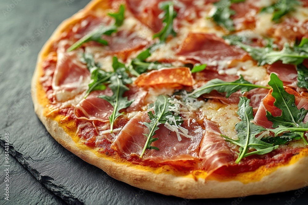 Close-up of a Pizza with Prosciutto, Arugula, and Mozzarella Cheese Close-up of a Pizza with Prosciutto, Arugula, and Mozzarella Cheese