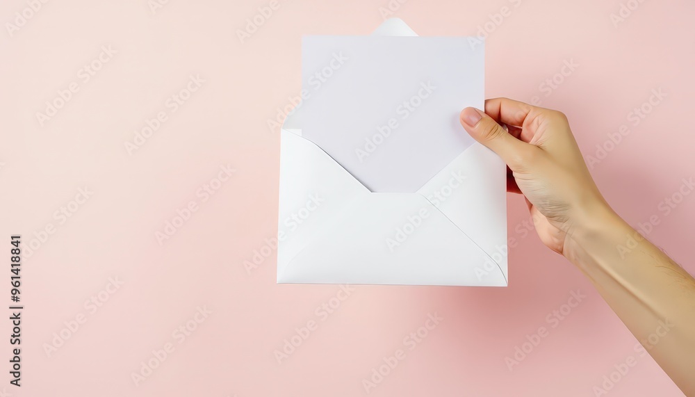 Hand holding a minimalist white envelope with a card inside Hand holding a minimalist white envelope with a card inside