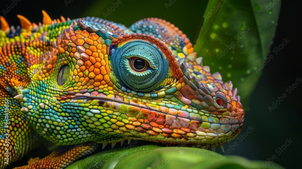 A tight shot of a vibrant chameleon perched on a verdant leafy branch, adorned with droplets of water A tight shot of a vibrant chameleon perched on a verdant leafy branch, adorned with droplets of water