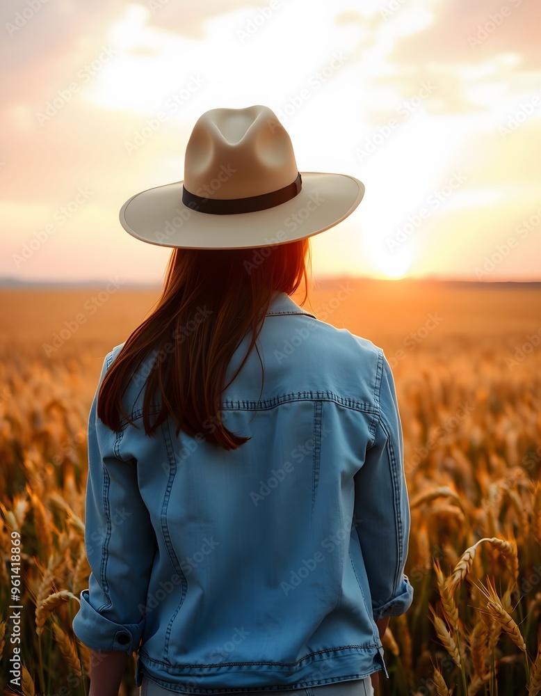 Obraz premium Woman in a White Hat Standing in a Field of Wheat at Sunset