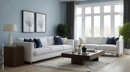 Modern Living Room with White Sofas and a Dark Wood Coffee Table