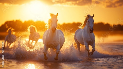 White horses gallop through the water in the Camargue region of France, bathed in the golden light of a dramatic sunset. photo