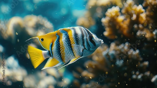 Tropical striped fish swimming in the ocean. photo